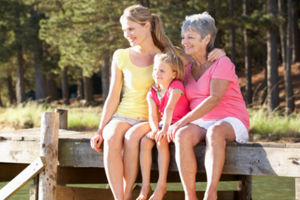 Mother, daughter and grandmother sitting by lake