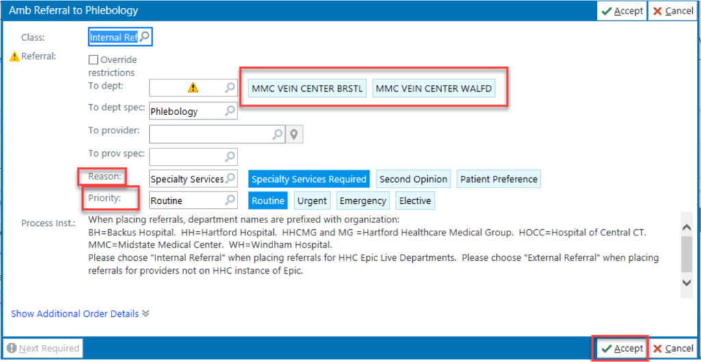 Epic referral order screen showing step-by-step selection options